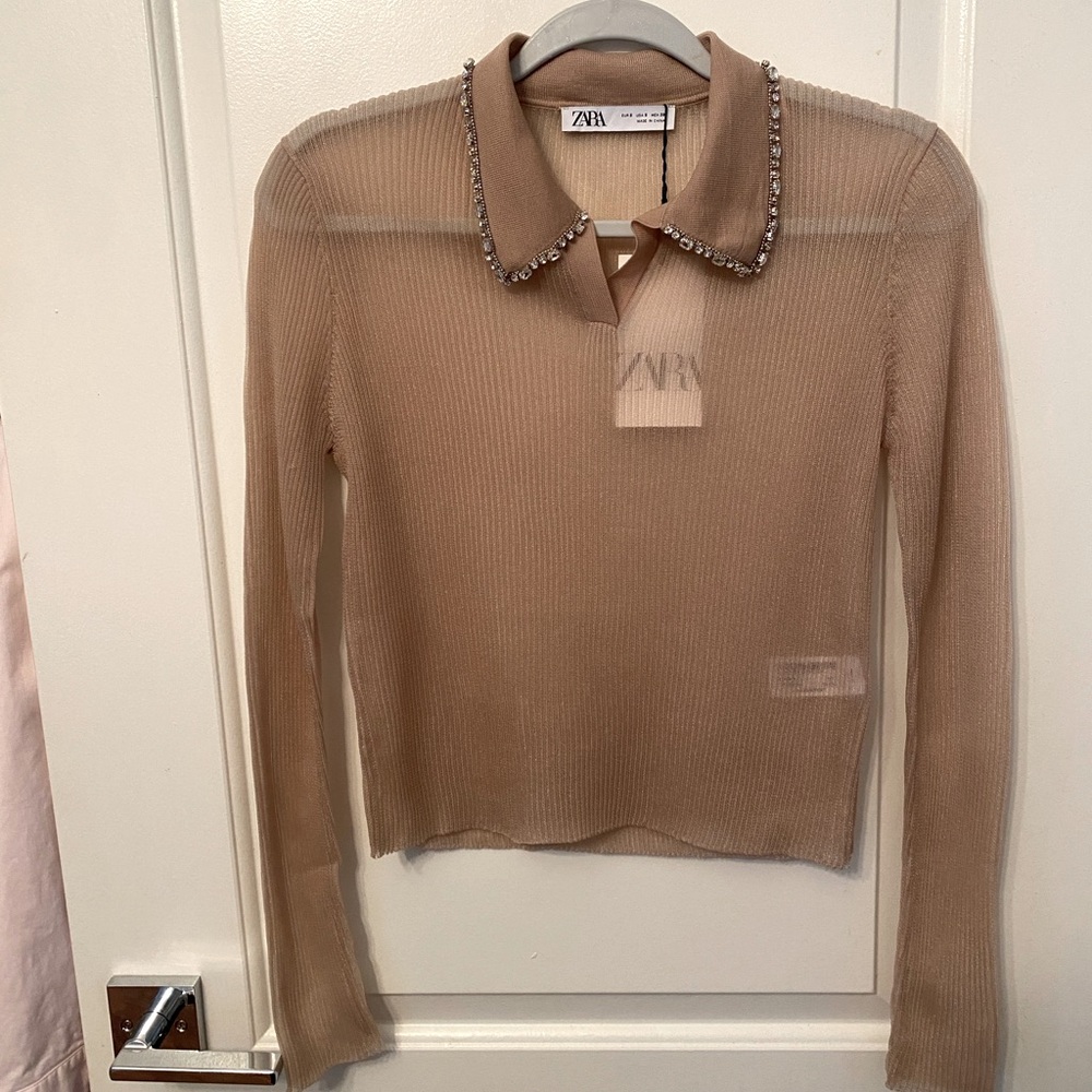 Zara nude sheer embellished collar shirt